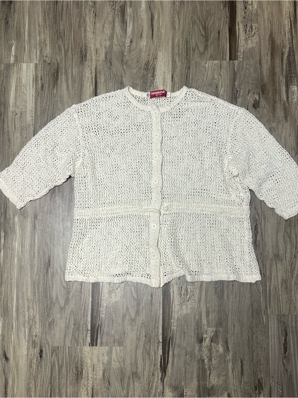 Vintage Tapemeasure NY Open Knit Crochet Cardigan Sweater White Medium Tie Waist